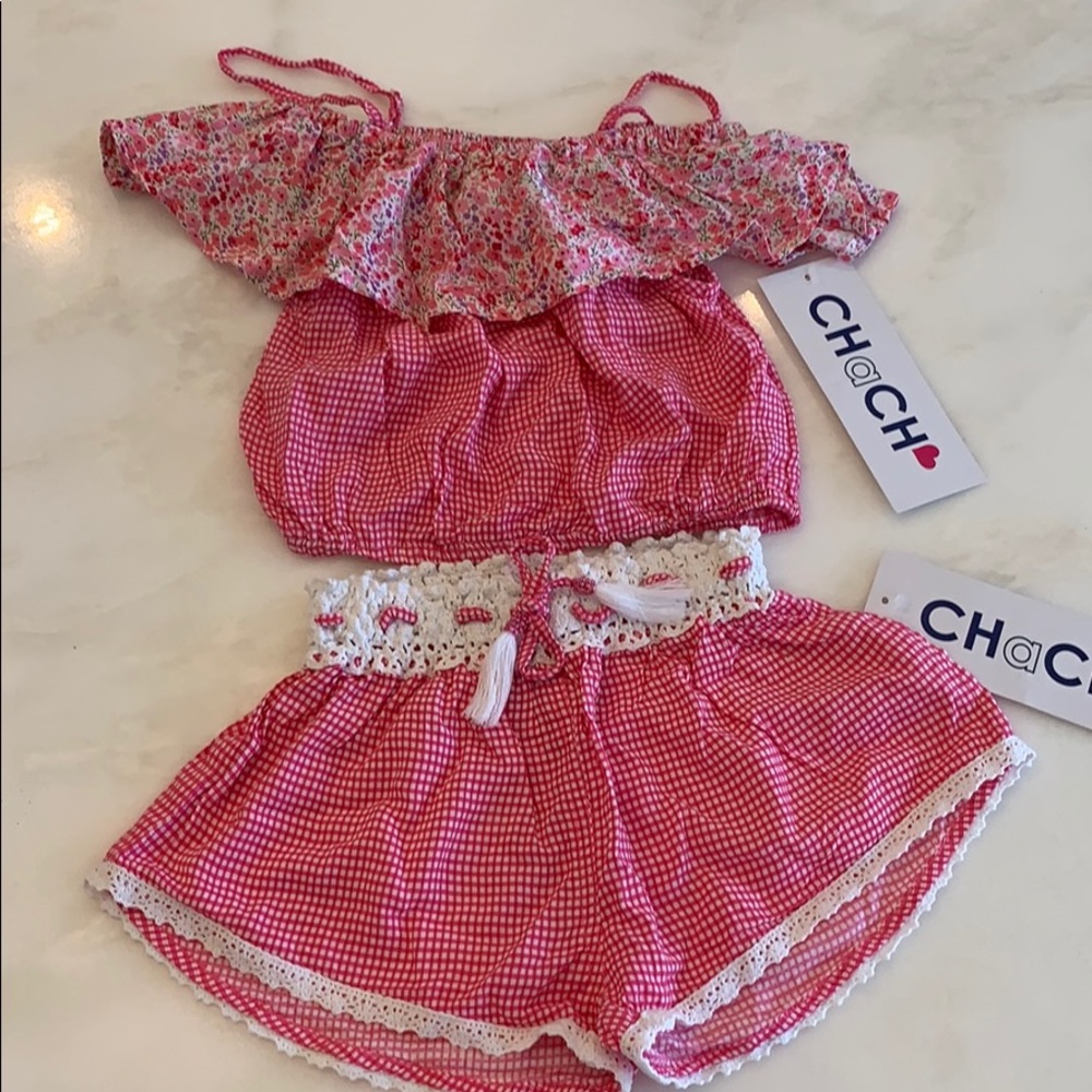 Brand New With Tags Chach Girls Dark Pink Gingham 2 Piece Beach Coverup-Size 8